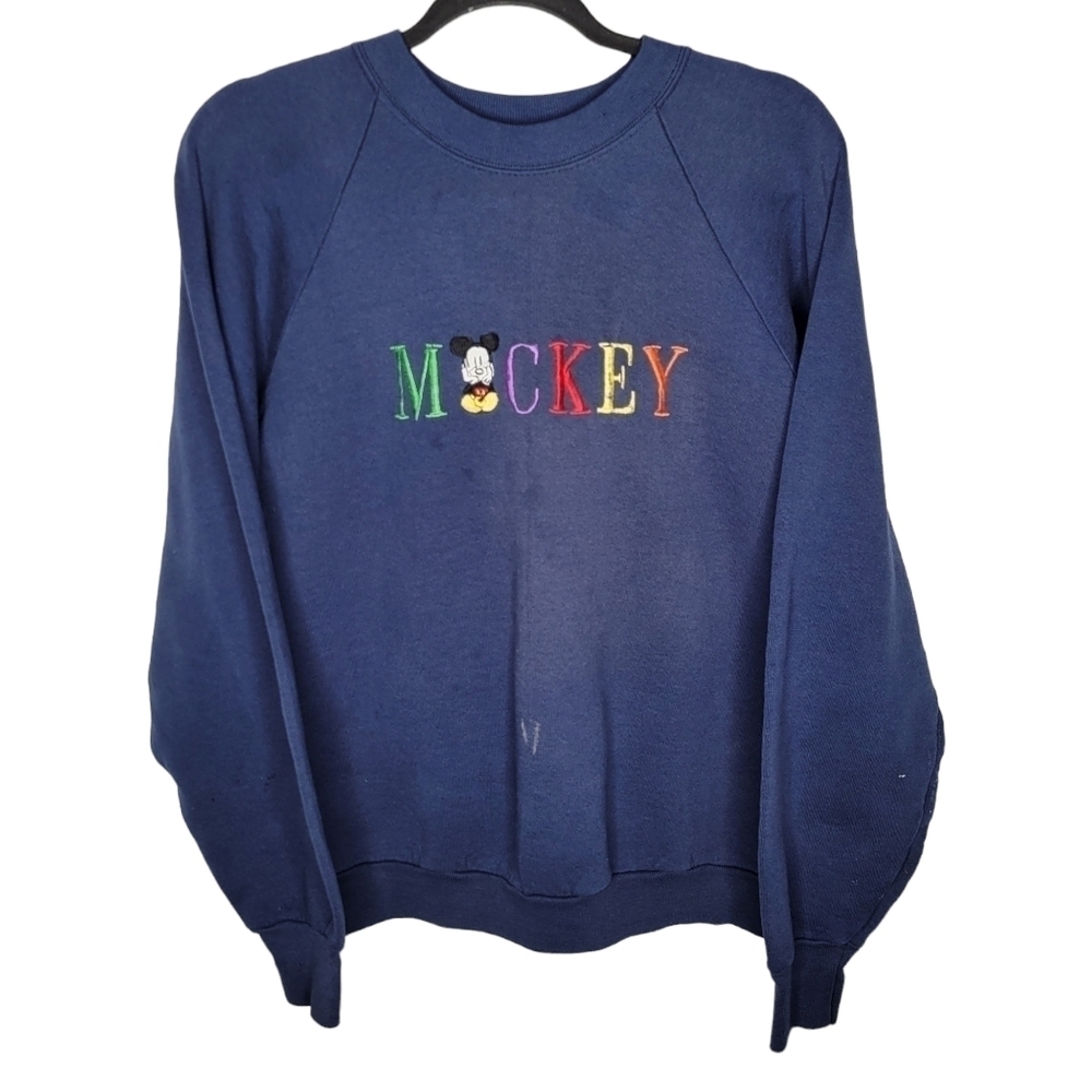 Vintage 90s Disney Mickey Embroidered Distressed Crewneck Sweatshirt in Navy